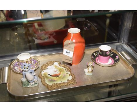 Decorative ceramics to include two Cauldon cabinet cups and saucers, Wade Tom and Jerry, Bisto pheasant decorated plaque and 