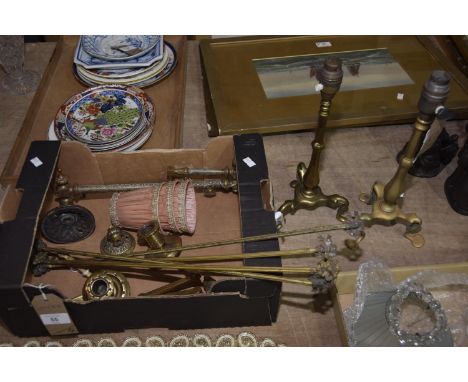 A Pair of early 20th Century brass piano candle brackets, a brass adjustable wall light , a pair of art nouveau brass table l