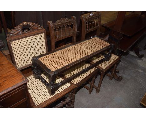 Three assorted Victorian oak and rattan side chairs and a rattan top stool. (4) 