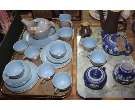 A Qty of Poole mottled grey and blue tea wares approx. 29 pieces, a Poole coffee pot, jug and basin, Wedgwood blue Jasper tea