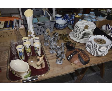 1950's pottery jug with conforming beakers, Edwardian glass decanter and sherry glasses , a figural game pie dish , African m