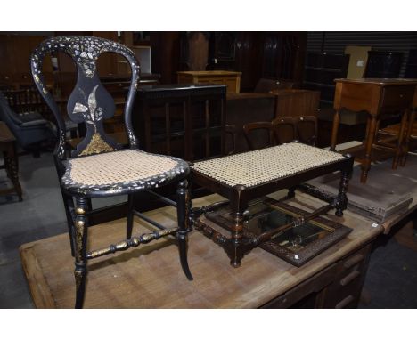 A Victorian ebonised and inlaid bedroom chair, a rattan top oak stool and a rectangular wall mirror with a blind fretwork fra