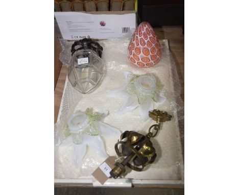 A Collection of early 20th Century light fittings to include an Art Nouveau brass light fitting, a pair of vaseline glass pet