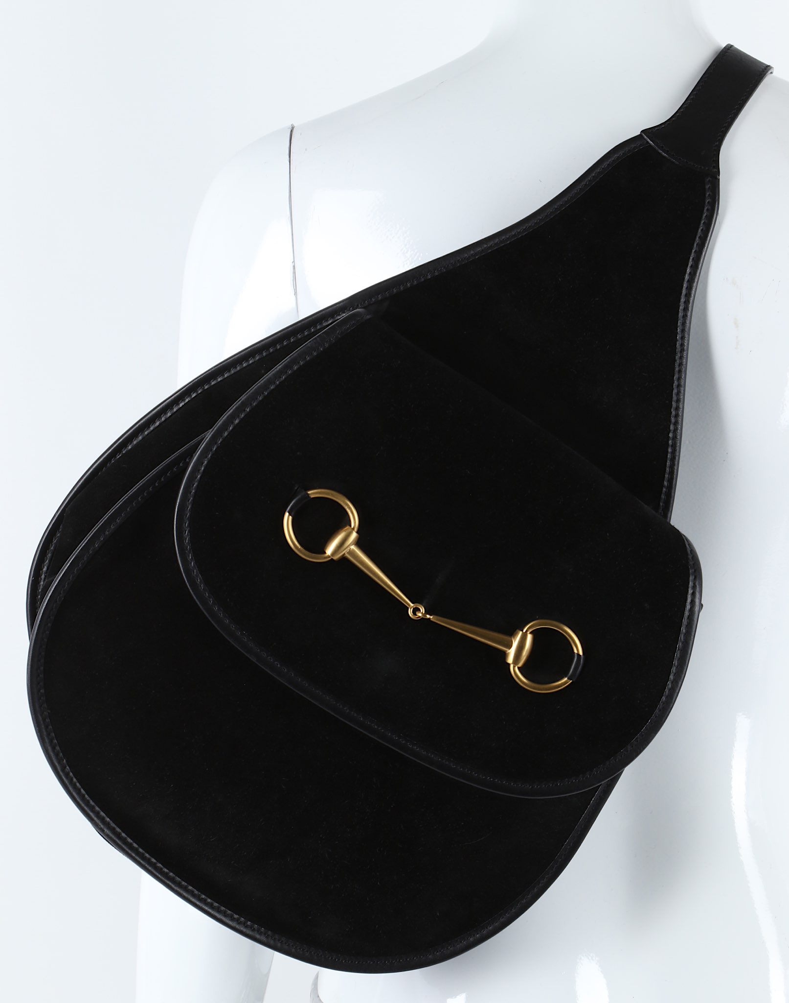 Gucci Large Suede Horse Bit Saddle Bag, 1990s, gold hardware, one shoulder bag with single flap o