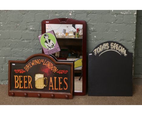 A mahogany framed mirror, menu chalk board and a advertising sign for London beer/ales etc.