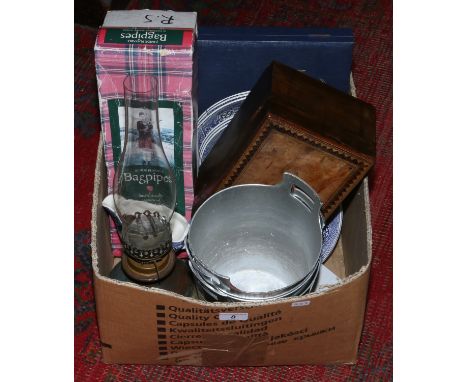 A collection of miscellaneous to include boxed Spode cabinet plate, blue and white dinnerwares, Junior bag pipes, pottery bas