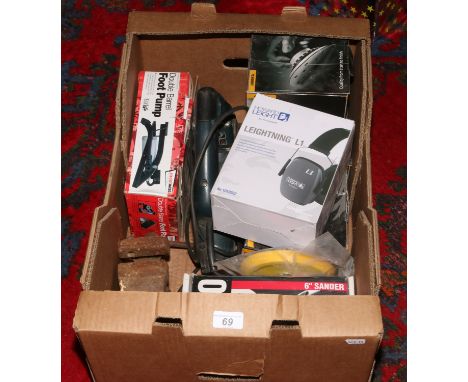 A box of tools to include Bosch jigsaw, boxed sander, sanding pad, vice etc.