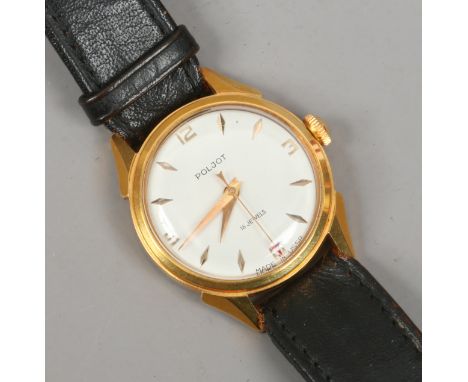 A gentlemans yellow metal Poljot manual wristwatch. With satin dial, centre seconds and screw back. Condition Report. To be u