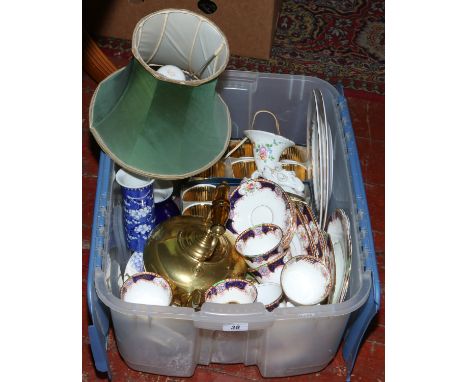 A box of miscellaneous including a Wedgwood pottery tablelamp, brass kettle, Royal Worcester, bone china teawares etc.