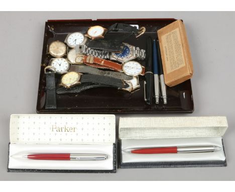 A boxed map measure, parlour ball point pens, Osmiroid 65 fountain pen and assorted wristwatches including Smiths & Services 