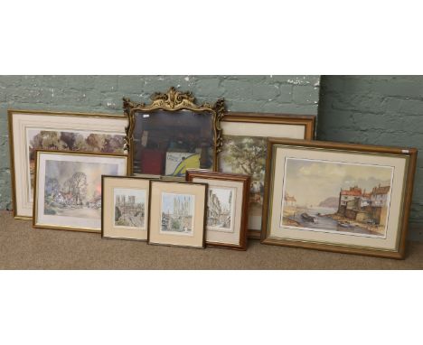 A gilt framed mirror and a collection of framed prints including Sturgeon, Douglas West & George Allen etc.