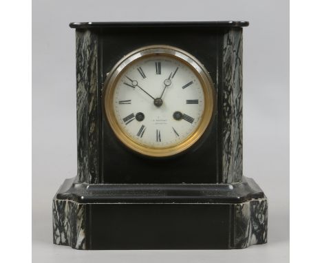 A Victorian slate and marble 8 day mantel clock striking on a bell, housing a French cylinder movement stamped Henry Marc.