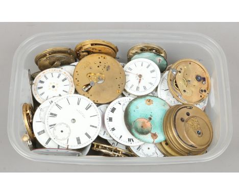 A box of pocket watch movements and enamel dials etc.