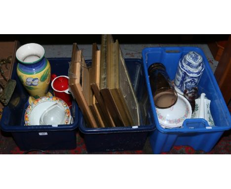 Three boxes of miscellaneous to include Shelley, Myott, glassware, prints, frames etc.