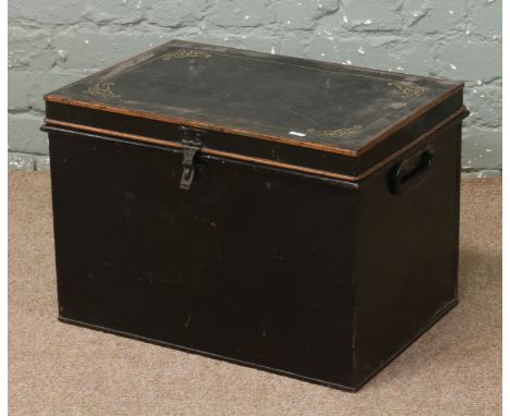 A C19th Toleware lockable twin handle tin trunk stamped Milners Liverpool.