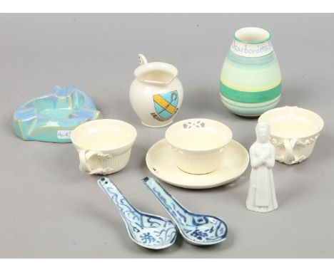 A small mixed collection of pottery and porcelain including two Chinese rice spoons, Morton of Filey creamware bachelors teas