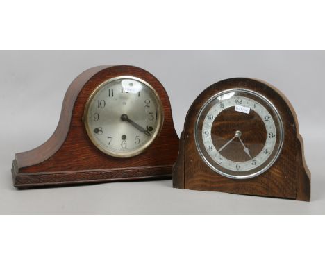 An Anvil of London oak cased Westminster chime mantel clock along one other.