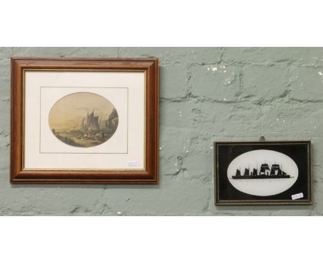 A framed Verre eglomise picture of a ship and a framed coloured print coastal scene.