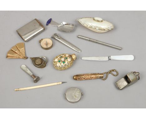 A box of collectables including compass, desk seal and a scent bottle etc.