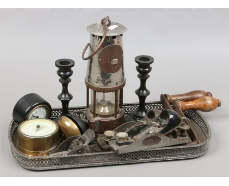 A silver plate gallery tray, miners lamp, three small antique plains including Stanley, barometer and Victorian fable winding