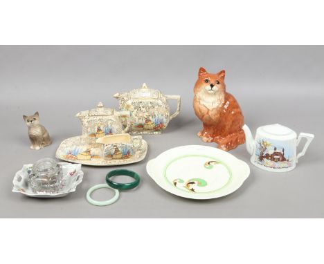 Two pottery models of cats one Beswick the other Royal Doulton along with a quantity of mixed pottery including a crinoline l