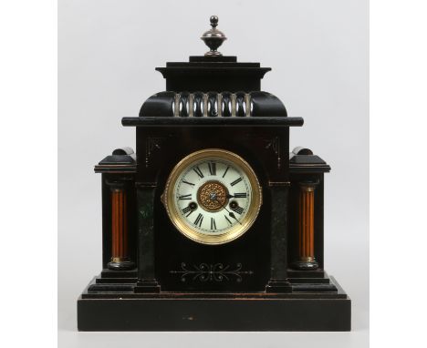 A C19th ebonized H.A.C 14 day strike mantel clock with gilt decoration, pendulum and key.