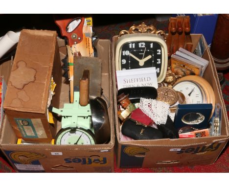 Two boxes of miscellaneous and collectables including a boxed Gnome Laphax Major slide projector, weighing scales, wall clock