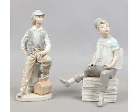Two Nao figures, paper boy and shoe shine boy.
