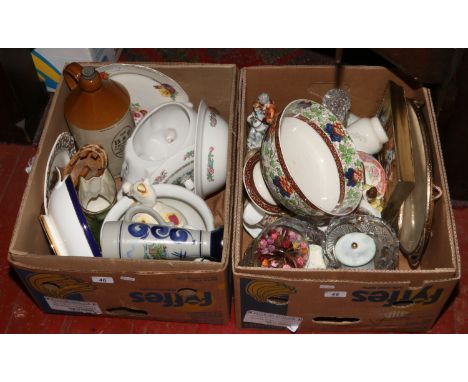 Two boxes of mixed china and glass to include figures and a ships decanter.