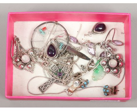 A small box of silver jewellery etc including jadeite, turquoise and amethyst.