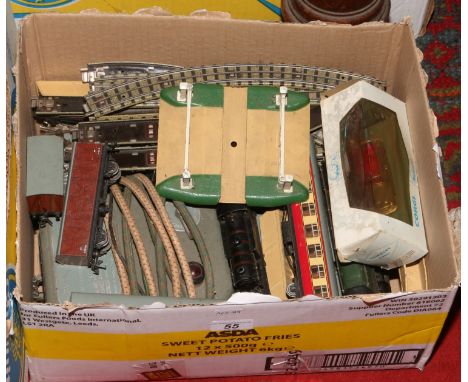 A box of mainly Hornby dublo model railway to include Engines, carriages, track power control unit etc.