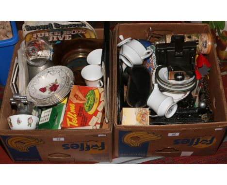 Two boxes of miscellaneous to include cased binoculars, wall barometers, Polaroid land camera, metalwares etc.