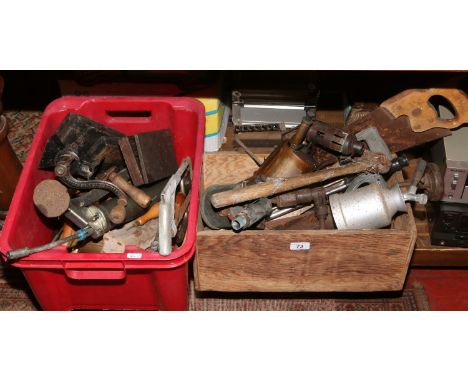 Two boxes of mainly hand tools, blow torches, metalwares etc.