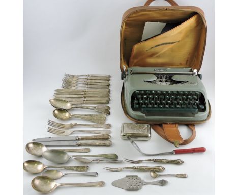 A Royal travelling typewriter in a brown case, together with a quantity of plated flatware and silver mustard spoon. (qty)