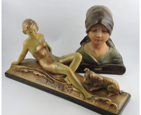 A French Art Deco gold painted plaster ceramic figure of a reclining woman resting on a ball, with terrier dog at her feet, s