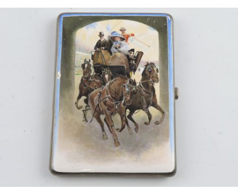 An Edwardian rectangular silver cigarette case, the cover enamelled with a coaching scene. Mappin and Webb, London, 1909.