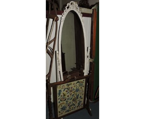 A cream and gilt framed cheval mirror, together with a beech tapestry fire screen. (2)