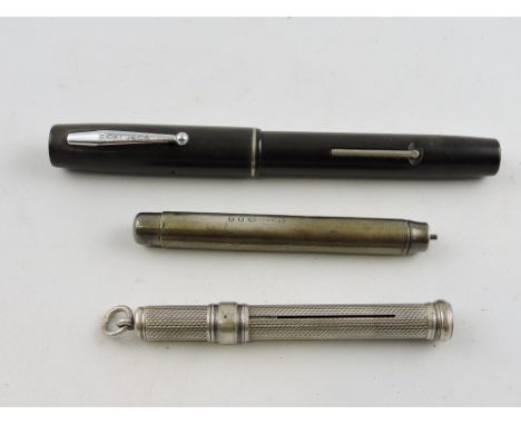 A George V silver drop-action pencil, Sampson Mordan & Co., London 1919; together with an engine-turned silver pencil holder 