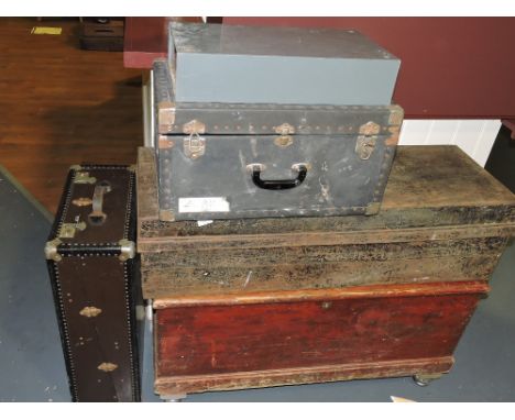 A 20th century suit trunk, the fitted interior including coat hangers; together with two other trunks, a coffer and a metal t