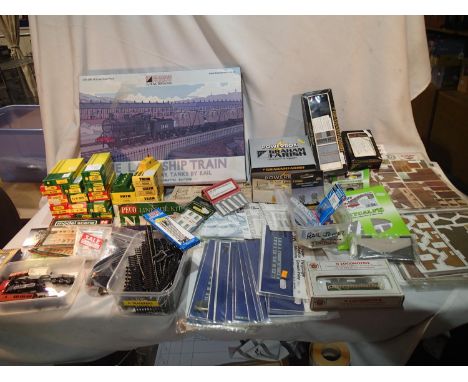 N gauge, selection of N gauge accessories, including track, switches, card building kits, coach inlays, transfers, loco parts
