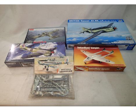 Five 1/72 scale aircraft kits, Tempest, Chipmunk, Vampire, British Gannet and Heinkel III, appear complete, as new, unchecked