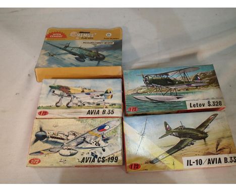 Five 1/72 scale aircraft kits, KP Models: Avia CS-199, Avia B.35, Avia B.33, Letov S328, , and Remus: Messerschmitt BF109, al