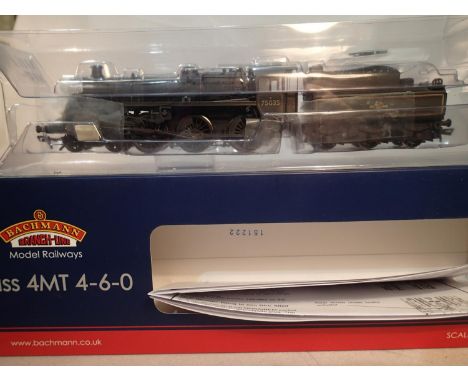 OO scale Bachmann 31-119, class 4MT, 75035, black, late crest, weathered, near mint, boxed. UK P&amp;P Group 1 (£16+VAT for t
