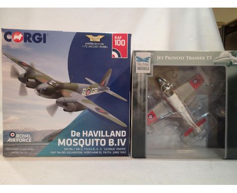 Two 1/72 scale aircraft models, Corgi Centenary Collection, Mosquito BIV June 1942, RAF 105 squadron, Skymax jet provost trai