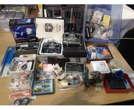 Selection of model aircraft and boat accessories, engine, starter, transmitter etc, mostly good condition. UK P&amp;P Group 3