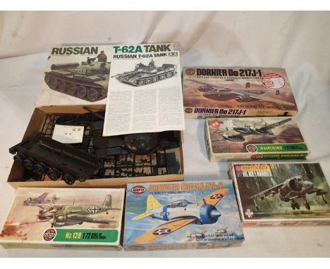 Six started plastic kits, Tamiya 1/35 scale Russian tank, appears complete, Airfix aircraft kits, appear unstarted but have s