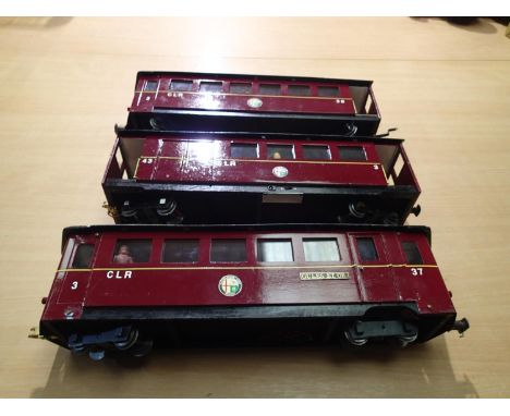 16mm/SM32 narrow gauge running on O gauge track, scratch built three car set with light and passengers, all dummy bogies, no 