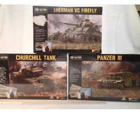 Three 1/56 scale Wargaming vehicle kits, Bolt Action, Warlord Games, Panzer III, Churchill and Sherman Firefly, sealed, ex sh