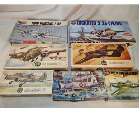 Seven 1/72 scale aircraft kits, Airfix: Swordfish, Airacobra, Anson, Hampden, Black Widow, Lockhead Viking, plus Monogram: Tw