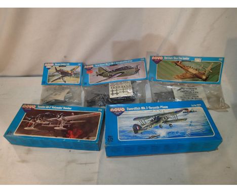 Five 1/72 scale Novo aircraft kits, Swordfish MKI, Tupolev Katyuska, Blackburn Dive Bomber, Fairey Gannet, and Morane Saulnie